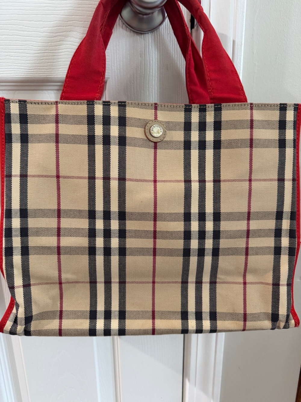 Burberry Beige Plaid Tote with Red Handles - Picture 7 of 7